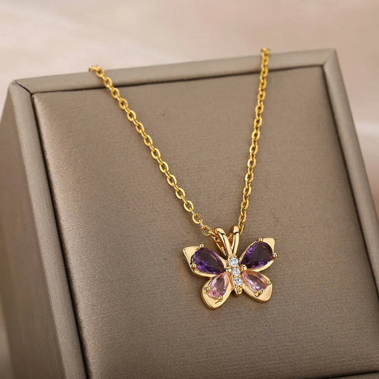 Crystal Butterfly Necklaces For WomenStainless Steel Crystal Purple BuSPECIFICATIONSBrand Name: ICFTZWEMetals Type: STAINLESS STEELOrigin: Mainland ChinaCN: ZhejiangNecklace Type: Pendant NecklacesMaterial: MetalGender: WomenStyle: TREMy StoreWakeproduct StoreWomenStainless Steel Crystal Purple Butterfly Charm Chain Choker Necklace Aesthetic Jewelry Gift