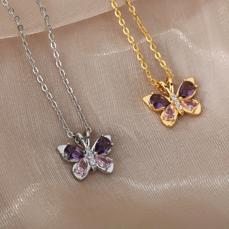 Crystal Butterfly Necklaces For WomenStainless Steel Crystal Purple BuSPECIFICATIONSBrand Name: ICFTZWEMetals Type: STAINLESS STEELOrigin: Mainland ChinaCN: ZhejiangNecklace Type: Pendant NecklacesMaterial: MetalGender: WomenStyle: TREMy StoreWakeproduct StoreWomenStainless Steel Crystal Purple Butterfly Charm Chain Choker Necklace Aesthetic Jewelry Gift