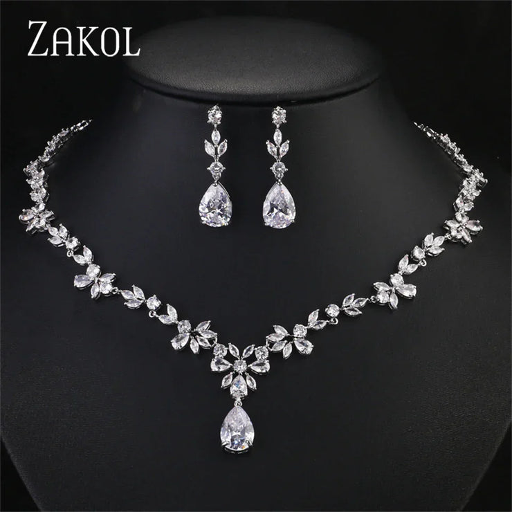 ZAKOL Brand Luxury AAA Zircon Earrings Necklace Jewelry Set Gorgeous C