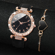 2pcsset Women's Shiny Rhinestone Quartz Watch Analog PU Leather Wrist