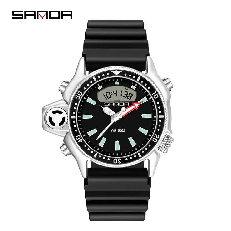 SANDA Sport Men Quartz Digital Watch Creative Diving Watches Men WaterSPECIFICATIONS
Brand Name: SANDA
Item Type: Quartz Wristwatches
Dial Window Material Type: Hardlex
Model Number: 3008
Case Shape: Irregular Shape
Dial Diameter: 38
MMy StoreWakeproduct StoreSANDA Sport Men Quartz Digital Watch Creative Diving Watches Men Waterproof Alarm Watch Dual Display Clock Relogio Masculino