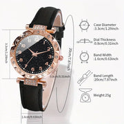 2pcsset Women's Shiny Rhinestone Quartz Watch Analog PU Leather Wrist