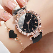 2pcsset Women's Shiny Rhinestone Quartz Watch Analog PU Leather Wrist