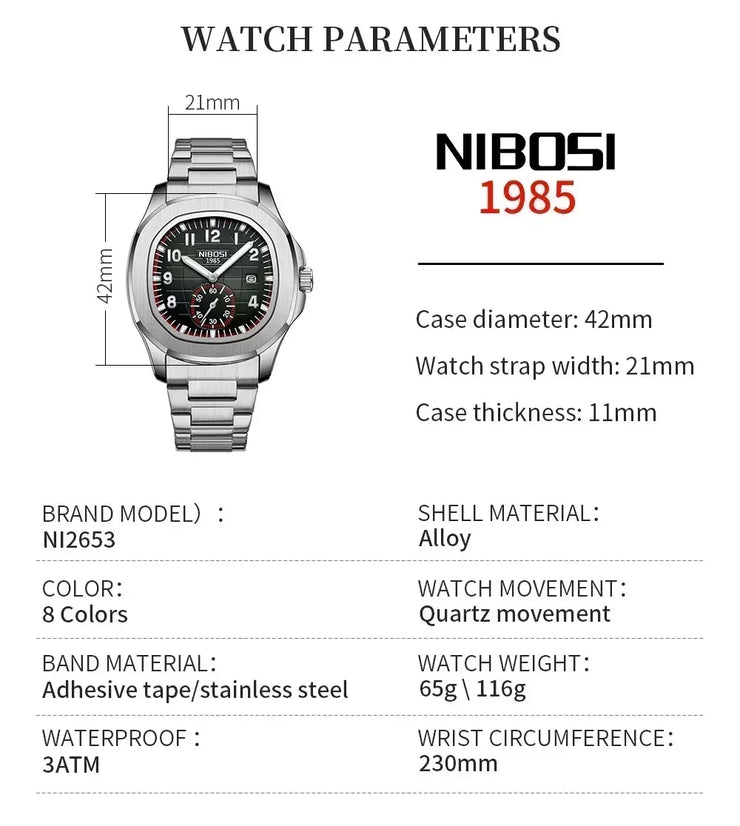 NIBOSI Luxury Men Watch Business Waterproof Male Clock Luminous Date SSPECIFICATIONSBrand Name: NIBOSIBand Material Type: STAINLESS STEELDisplay Type: Arabic numeral markersHign-concerned Chemical: noneFeature: Shock ResistantFeature: My StoreWakeproduct StoreNIBOSI Luxury Men Watch Business Waterproof Male Clock Luminous Date Stainless Steel Square Quartz Man Watches Relogio Masculino