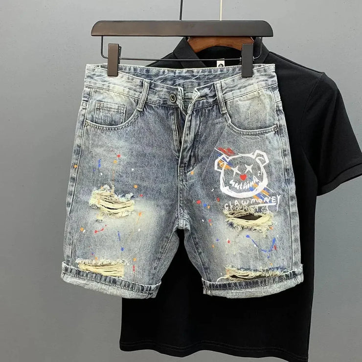 Bear Print Denim Shorts