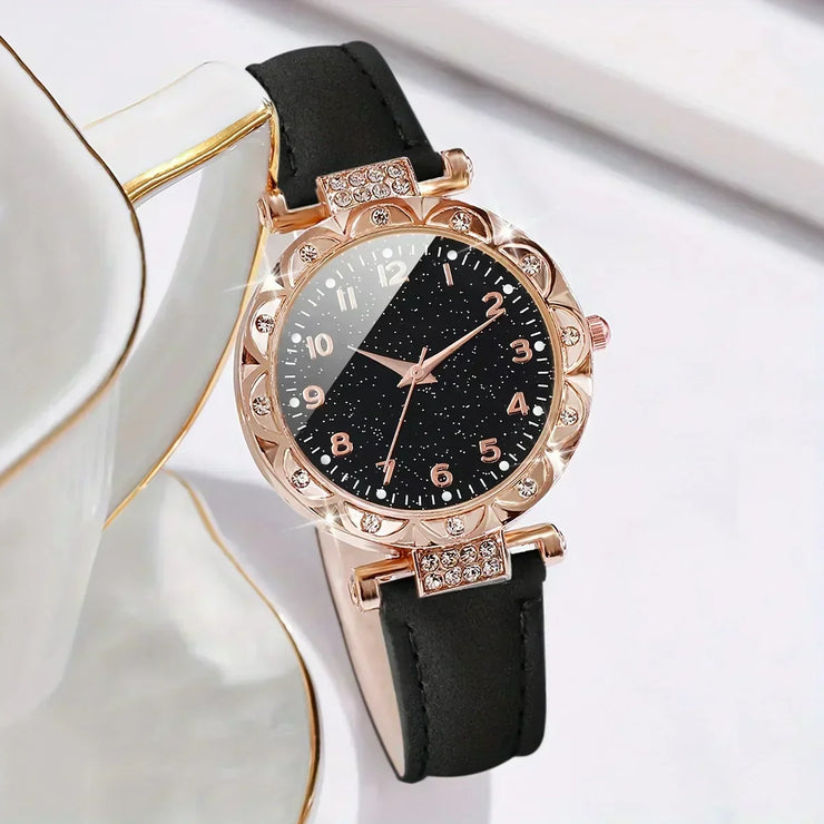 2pcsset Women's Shiny Rhinestone Quartz Watch Analog PU Leather Wrist